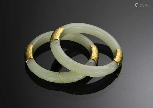 Pair of White Jade Bamboo Bracelets, 18th-19th C.