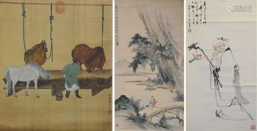 3 Chinese Paintings of Horse, Landscape & a Man