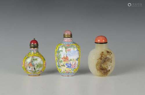 (3) Chinese Snuff Bottles, Qianlong Mark & 19-20th C.