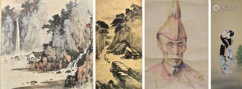 Group of 4 Chinese Paintings, Portrait & Landscape