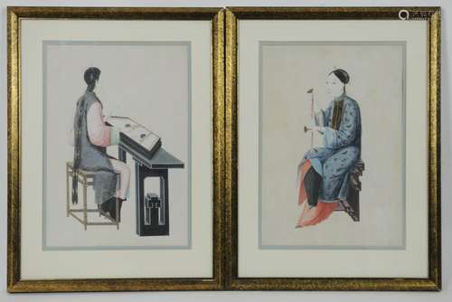 Pair of Rice Paper Paintings, 19th Century