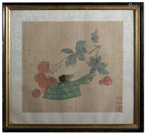 Chinese Painting on Silk Cicada & Lychee