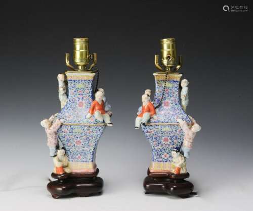 Pair of Chinese Famille Rose Lamps w/ Children