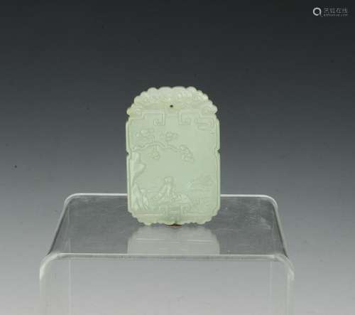 Chinese White Jade Plaque w/ Scholar, 19th C.