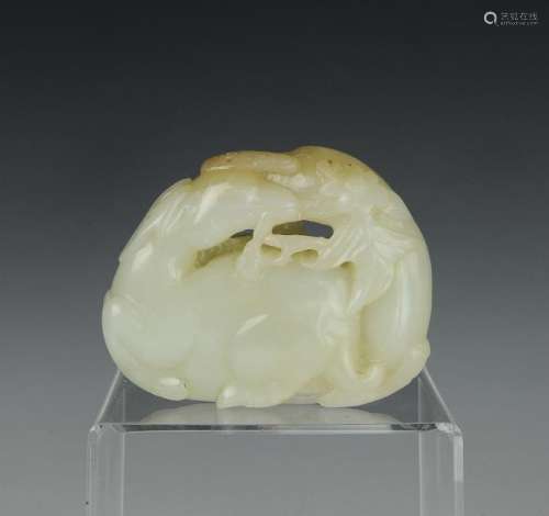 Chinese White Jade Deer & Lingzhi Carving, 18th C.