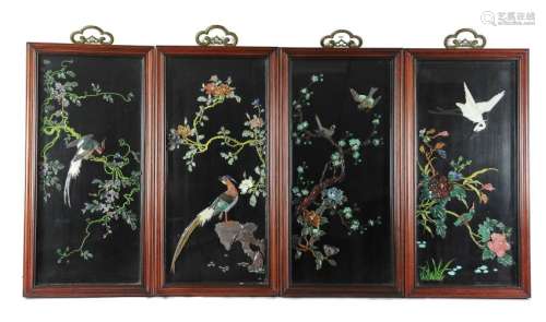 (4) Panels Inlaid w/ Jade Birds & Flowers, 20th C.