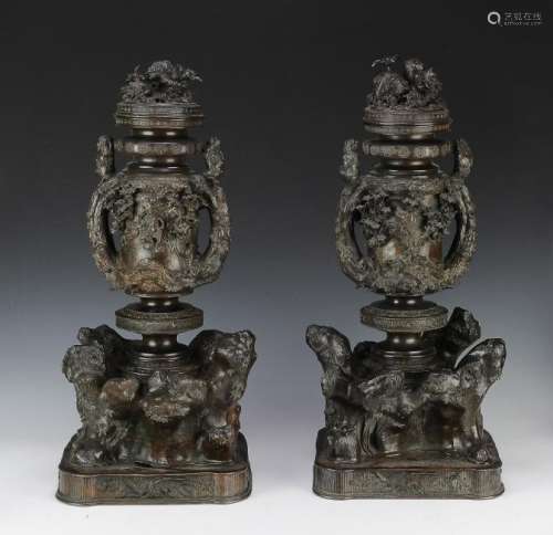 Pair of Meiji Era Bronze Japanese Incense Burners