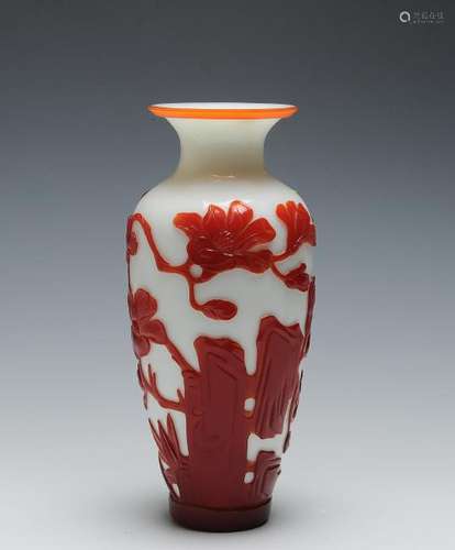 Red & White Peking Glass Vase w/ Flowers, 20th C.