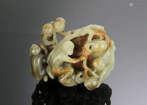 Chinese Jade Monkey & Peach Carving, 18th Century