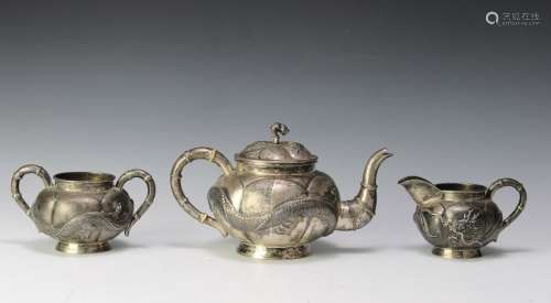 Chinese Silver Tea 3 Piece Set w/ Dragon Reliefs