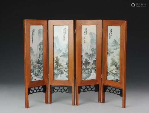 Chinese Table Screen w/ Plaques by Wang Xiaoting