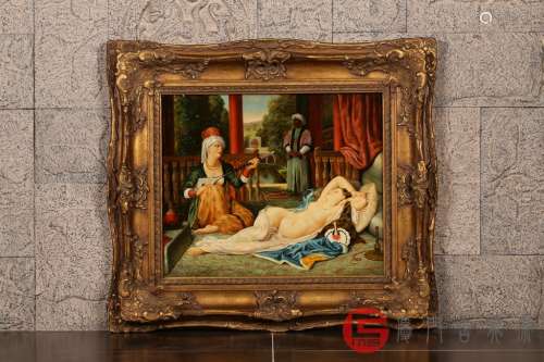 十九世纪.欧洲贵族布制精美《裸妇》油画挂屏（带漆金木框）