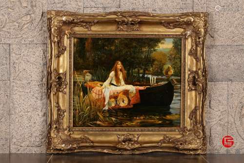 十九世纪.欧洲贵族奢华木胎漆金框《湖水》油画挂屏