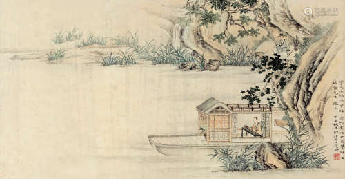 陆抑非（1908～1997） 丁丑（1937）年作 江舫抚琴 镜框 设色纸本