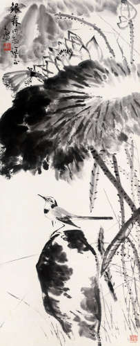 陆抑非（1908～1997） 荷塘小鸟 立轴 水墨纸本