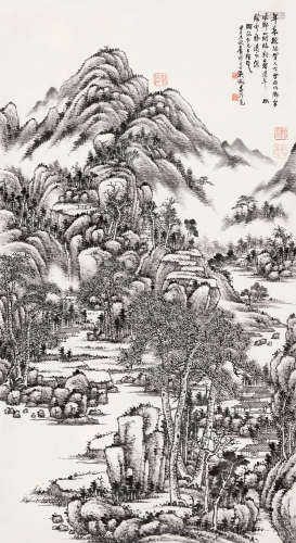 吴待秋（1878～1949） 甲子（1924）年作 山阁临溪 立轴 水墨纸本