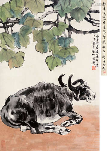 徐悲鸿（1895～1953） 壬午（1942）年作 卧牛 立轴 设色纸本