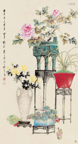 孔小瑜（1899～1984） 辛未（1931）年作 清供 立轴 设色纸本
