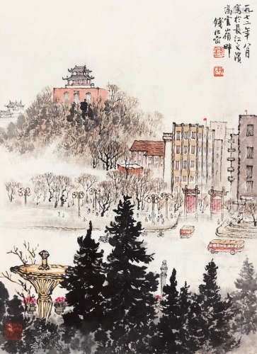 钱松嵒（1899～1985） 1972年作 城景 立轴 设色纸本