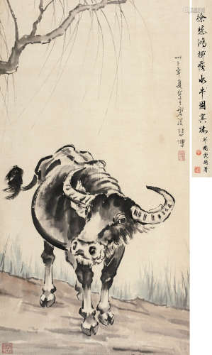 徐悲鸿（1895～1953） 1944年作 柳荫水牛图 立轴 设色纸本
