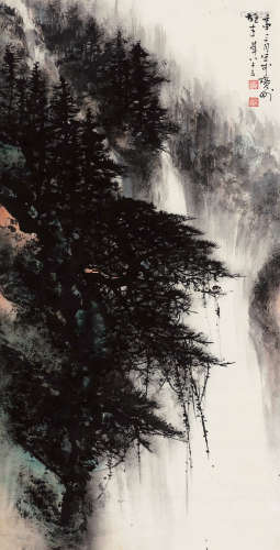 黎雄才（1910～2001） 壬申（1992）年作 青山飞瀑 立轴 设色纸本