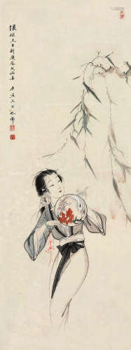 胡也佛（1908～1980） 庚寅（1950）年作 纨扇仕女 镜片 设色纸本