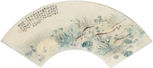 冯超然（1882～1954） 己酉（1909）年作 落花游鱼 扇面镜框 设色纸本