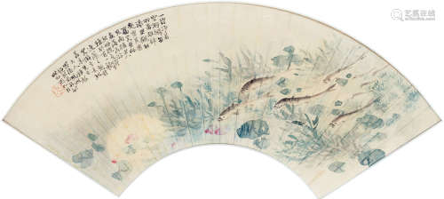 冯超然（1882～1954） 己酉（1909）年作 落花游鱼 扇面镜框 设色纸本