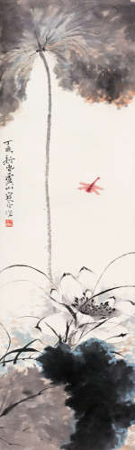 江寒汀（1904～1963） 丁亥（1947）年作 荷花蜻蜓 立轴 设色纸本