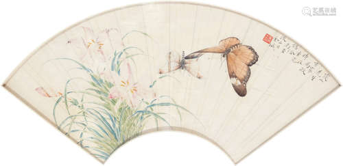 金城（1878～1926） 蝶恋花 扇面镜框 设色纸本