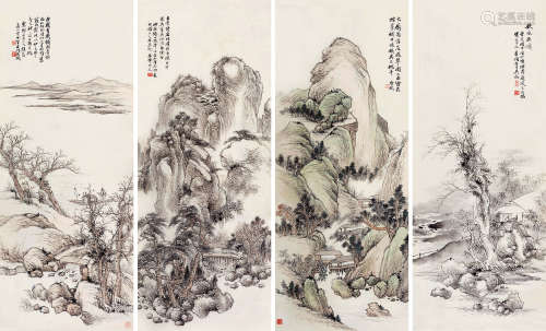 吴待秋（1878～1949） 己酉（1909）年作 山水 四屏 立轴 设色纸本