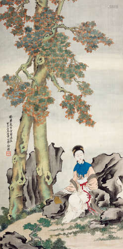 徐操（1899～1961） 甲子（1924）年作 桐荫美人 镜片 设色绫本