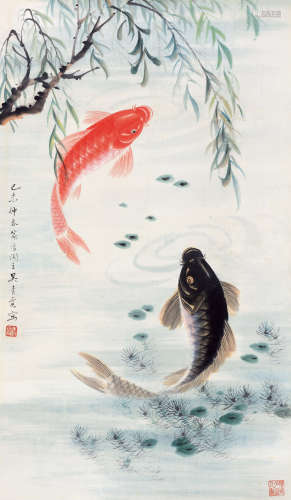 吴青霞（1910～2008） 己未（1979）年作 柳塘鱼乐 镜片 设色纸本