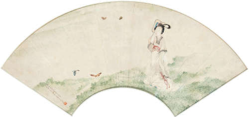 吴青霞（1910～2008） 戊寅（1938）年作 扑蝶仕女图 扇面镜框 设色纸本