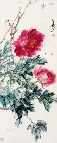 王雪涛（1903～1982） 牡丹蜜蜂 镜片 设色纸本
