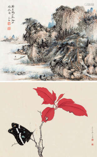 吴琴木（1894～1953）  谢月眉（1906～1998） 辛巳（1941）年作 溪山钓艇图 红叶蛱蝶 镜片 设色纸本