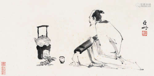 亚明（1924～2002） 煮茶抚琴 镜片 水墨纸本