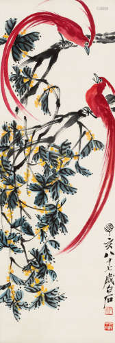 齐白石（1863～1957） 丁亥（1947）年作 绶带鸟 立轴 设色纸本