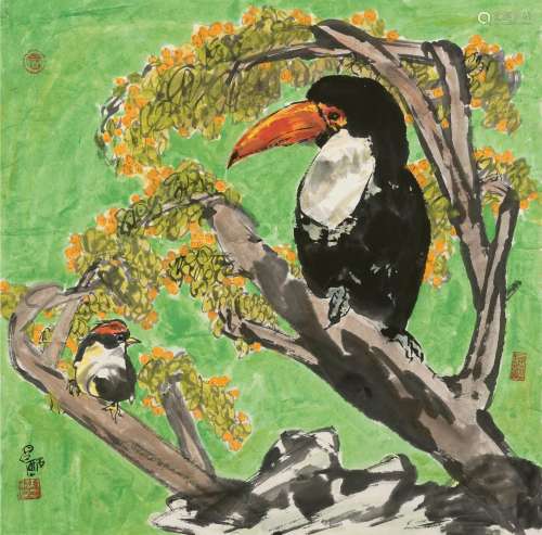 徐昌酩（1929～2018） 犀鸟和小鸟 镜片 设色纸本