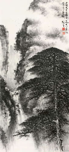 黎雄才（1910～2001） 1978年作 松荫飞瀑 镜片 水墨纸本