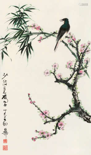 谢稚柳（1910～1997） 丁巳（1977）年作 梅竹小鸟 镜片 设色纸本