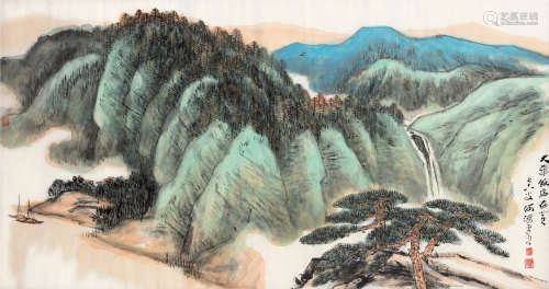 何海霞（1908～1998） 松山飞瀑 镜框 设色纸本