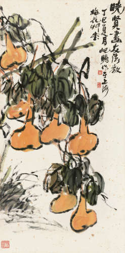 朱屺瞻（1892～1996） 丁巳（1977）年作 福禄图 镜片 设色纸本