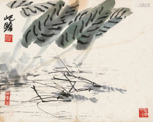 朱屺瞻（1892～1996） 虾戏 镜片 设色纸本