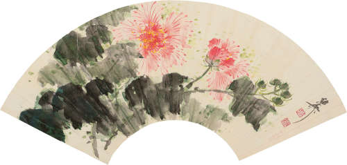 谢稚柳（1910～1997） 芙蓉花开 扇面 设色纸本