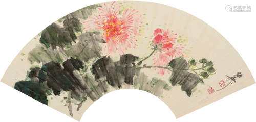 谢稚柳（1910～1997） 芙蓉花开 扇面 设色纸本