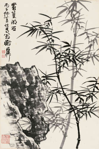 谢稚柳（1910～1997） 丙子（1996）年作 丛篁湖石 立轴 水墨纸本