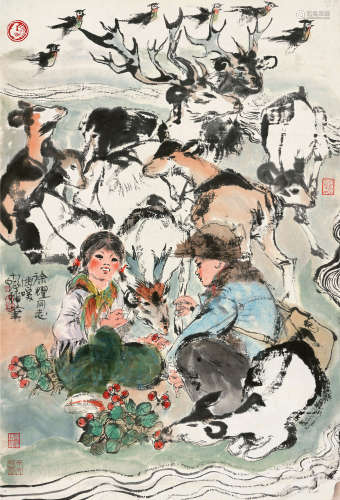 程十发（1921～2007） 牧歌图 镜片 设色纸本