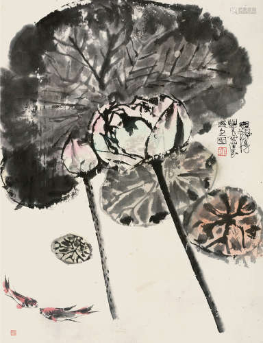 程十发（1921～2007） 莲花游鱼图 立轴 设色纸本