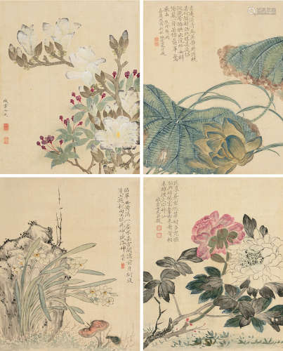 廖云锦（清） 丙寅（1806）年作 花卉 （四帧） 镜片 设色绢本